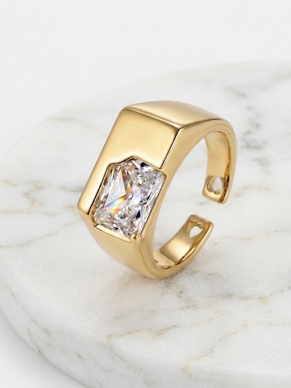 14K Gold Plated Open Adjustable Ring w/ Emerald-Cut Crystal Stone | Chunky Ring